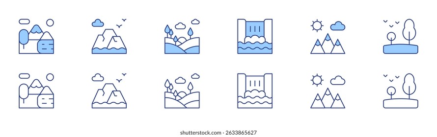Querformat-Symbol in zwei Stilen, Duotone und Thin Line Stil. Bearbeitbarer Strich. Natur, Wasserfall, Berg, Landschaft, Wald.