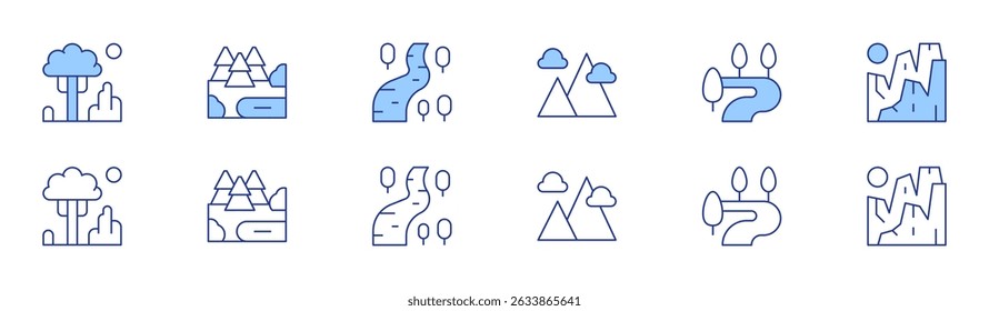 Landscape icon set in two styles, Duotone and Thin Line style. Editable stroke. tree, landscape, forest, river, cliffs.