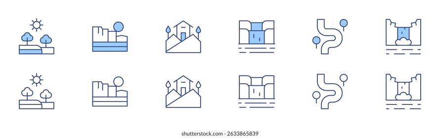 Landscape icon set in two styles, Duotone and Thin Line style. Editable stroke. waterfalls, plantation, river, desert, waterfall, village.