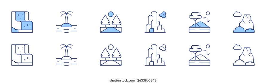 Landscape icon set in two styles, Duotone and Thin Line style. Editable stroke. waterfall, mountain, island, savannah, road.