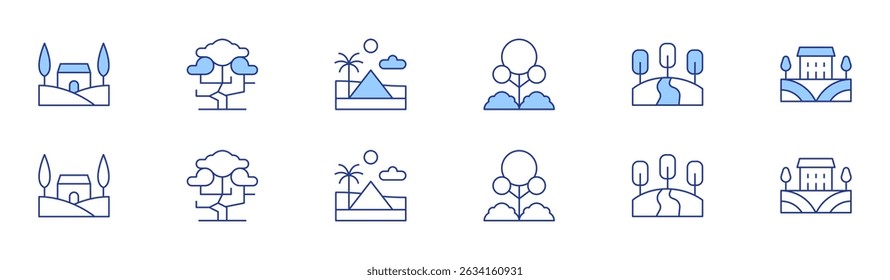 Landscape icon set in two styles, Duotone and Thin Line style. Editable stroke. landscape, park, tree, hills, desert, tuscany.