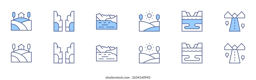 Landscape icon set in two styles, Duotone and Thin Line style. Editable stroke. house, landscape, canyon, lake, road.