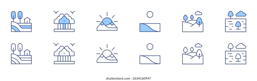 Landscape icon set in two styles, Duotone and Thin Line style. Editable stroke. hill, desert, nature, valley, landscape, prairie.
