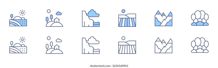 Landscape icon set in two styles, Duotone and Thin Line style. Editable stroke. field, hill, mountain, cliff, forest.