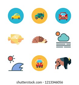 landscape icon set. vector set about waves, car, beach and hedgehog icons set.