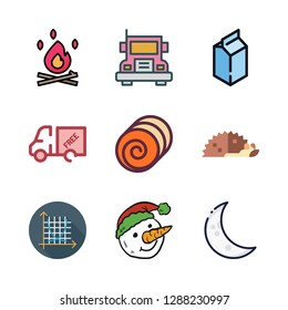 landscape icon set. vector set about snowman, hedgehog, truck and symmetry icons set.