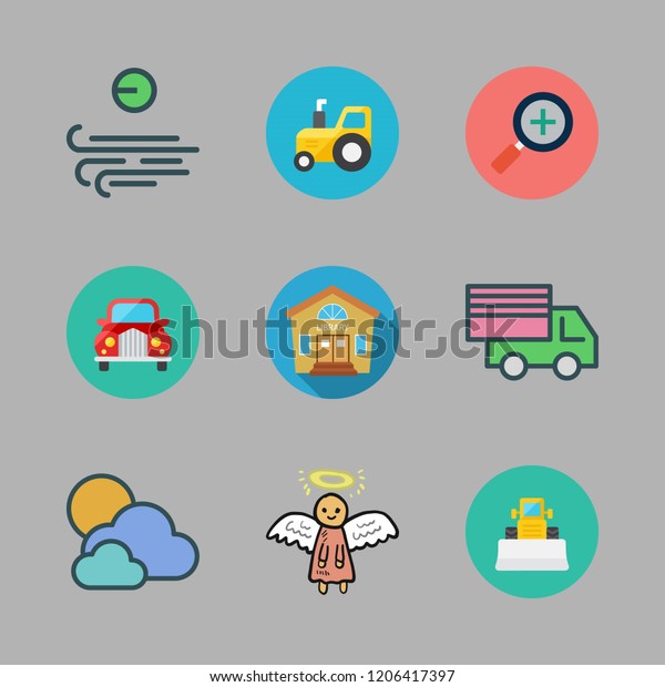 landscape icon set. vector set about cargo\
truck, car, zoom in and cloudy icons\
set.