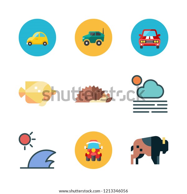 landscape icon set. vector set about waves, car,\
beach and hedgehog icons\
set.