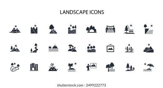 Conjunto de iconos de paisaje. Vector. Trazo editable. Signo de estilo lineal para uso Diseño web, logotipo. Ilustración de símbolo.