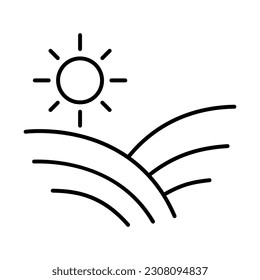 Landscape icon. Winery or farm field concept. Sun and field or vineyard in linear style. Line vector illustration.