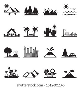 Landscape Icons. Black Flat Design. Vector Illustration.