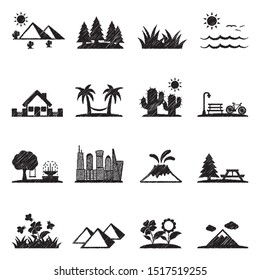 Landscape Icons. Black Scribble Design. Vector Illustration.