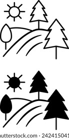 Landschaftssymbole. Schwarz-Weiß-Vektorsymbole. Hügel mit Bäumen und Sonne. Reise- und Urlaubskonzept