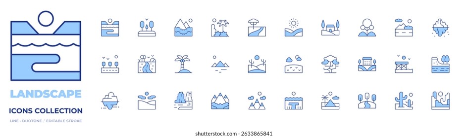 Landscape icons collection. Line Duotone style, editable stroke. coastline, river, mountain, prairie, landscape, park, road, iceberg, forest, colorado, rainforest