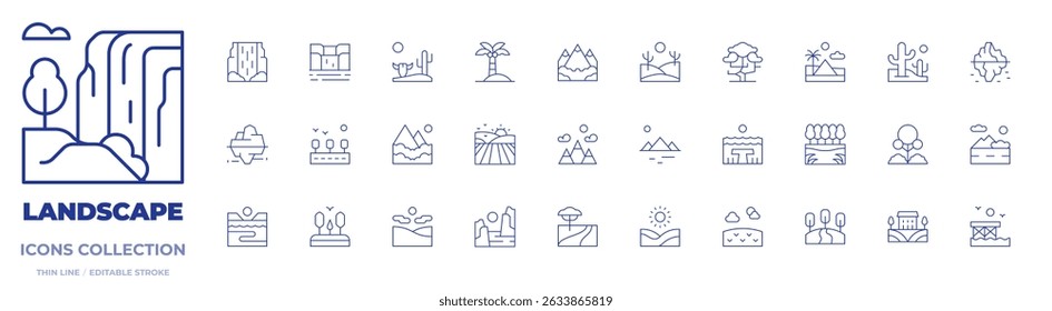 Landscape icons collection. Thin Line icons, editable stroke. coastline, river, tuscany, forest, desert, waterfall, mountain, park, waterfalls