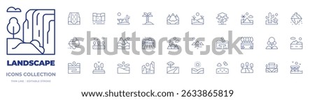 Landscape icons collection. Thin Line icons, editable stroke. coastline, river, tuscany, forest, desert, waterfall, mountain, park, waterfalls