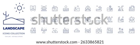 Landscape icons collection. Thin Line icons, editable stroke. sunset, desert, waterfall, spring, canyon, path, colorado, river, rainforest