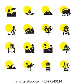 landscape icons. Editable 16 landscape icons. Included icons such as Reed, Lander, Palm tree, Lawn, Pine, Landscape, Gallery, Farmer, Forest, Mountains. trendy icons for web.