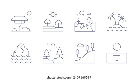 Landscape icons. Editable stroke. Containing savannah, iceberg, plantation, forest, hill, island, landscape.