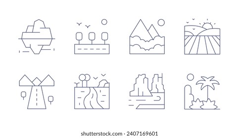 Landscape icons. Editable stroke. Containing iceberg, road, river, mountain, colorado, hills, rainforest.