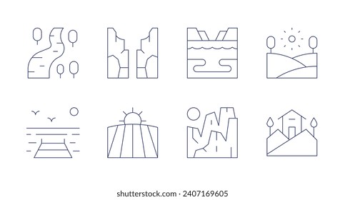 Landscape icons. Editable stroke. Containing river, pier, canyon, field, lake, cliffs, landscape, village.
