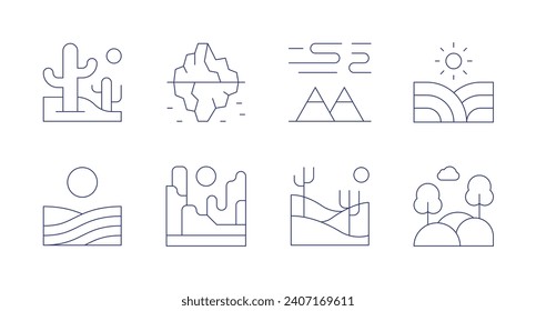 Landscape icons. Editable stroke. Containing desert, spring, iceberg, north pole, canyon, field, landscape.