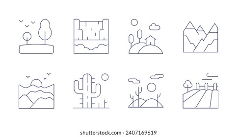 Landscape icons. Editable stroke. Containing forest, hill, waterfall, cactus, landscape, field, mountain.