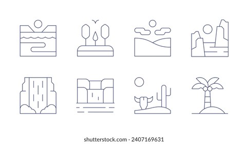 Landscape icons. Editable stroke. Containing coastline, forest, waterfall, waterfalls, desert, fiord, palm tree.