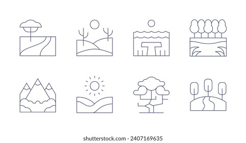 Landscape icons. Editable stroke. Containing river, desert, mountain, dunes, lake, tree, hills.