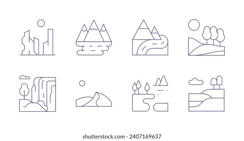Landscape icons. Editable stroke. Containing canyon, waterfall, national park, river, dunes, lake, hill, landscape.