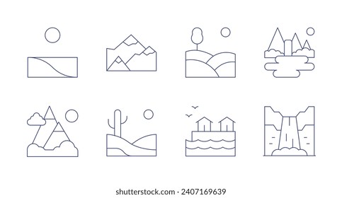 Landscape icons. Editable stroke. Containing desert, mountain range, mountain, hill, sea, waterfall, lake.