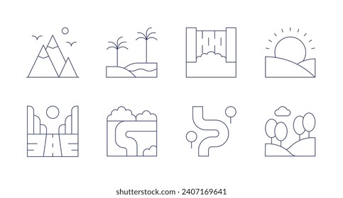 Landscape icons. Editable stroke. Containing mountain, road, oasis, river, waterfall, sunset, hill.