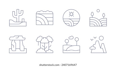 Landscape icons. Editable stroke. Containing desert, megalith, field, forest, farm, mountains.