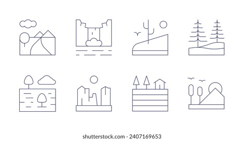 Iconos paisajísticos. Trazo editable. Conteniendo río, pradera, cascada, cafayate, desierto, campo, paisaje, naturaleza.