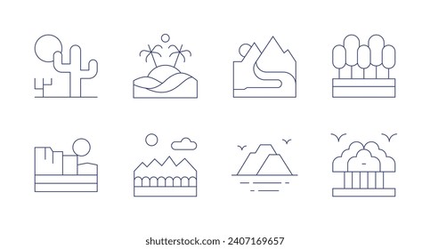 Iconos paisajísticos. Trazo editable. Conteniendo desierto, isla, montaña, río, naturaleza, bosque.