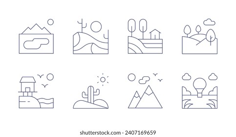 Landscape icons. Editable stroke. Containing lake, village, desert, hill, mountain, landscape, valley.