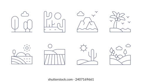 Landscape icons. Editable stroke. Containing forest, field, desert, mountain, landscape, island.