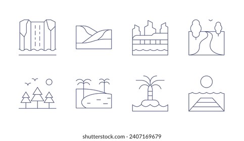 Landscape icons. Editable stroke. Containing waterfall, forest, dunes, torres del paine, oasis, island, river, pier.