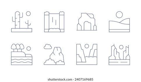 Landscape icons. Editable stroke. Containing desert, lake, waterfall, mountain, cave, fjord, canyon, valley.