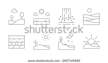 Landscape icons. Editable stroke. Containing hills, field, meadow, desert, waterfall, shore, landscape, terraces.