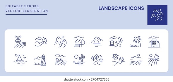 Iconos de paisaje. Trazo Editable. Conjunto de iconos de línea delgada símbolo de colección.