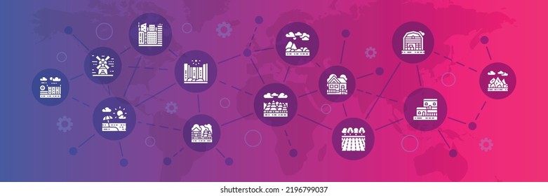 Landscape icons infographic banner. Bridge, Forest, Garden, Volcano, Windmill vector illustration for presentation banner.