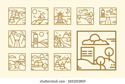 landscape icons of mountains, ocean tropical countryside and forest line icon style vector illustration