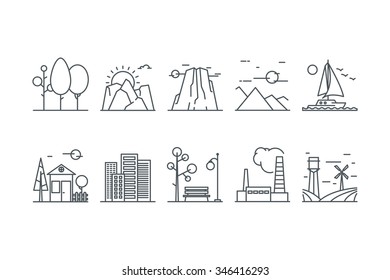 Landscape icons on a white background. Line art. Stock vector.
