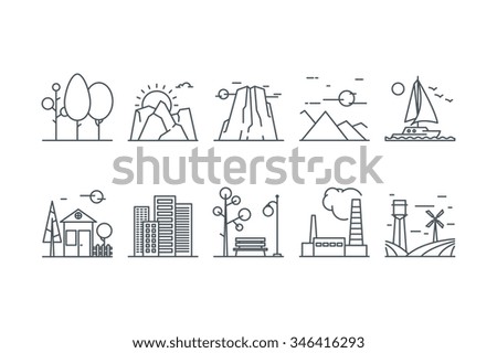 Landscape icons on a white background. Line art. Stock vector.