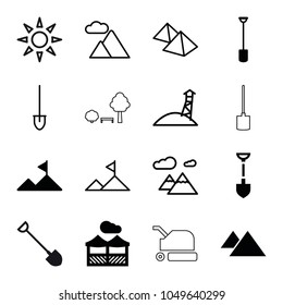 Landscape icons. set of 16 editable filled and outline landscape icons such as shovel, pergola, mountain, sunbed, observation military tower, lawn mower