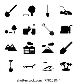 Landscape icons. set of 16 editable filled landscape icons such as lawn mower, shovel, tree and bench, mountain, palm, pergola, sunbed, sea and gull