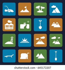 Landscape icons set. set of 16 landscape filled icons such as lawn mower, shovel, sun rise, palm, mountain, pergola, sunbed, landscape