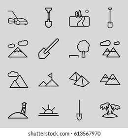 Landscape icons set. set of 16 landscape outline icons such as shovel, lawn mower, sun rise, palm, mountain, landscape, observation military tower