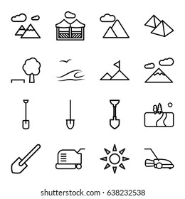 Landscape icons set. set of 16 landscape outline icons such as lawn mower, shovel, mountain, pergola, sunbed, sea and gull, landscape